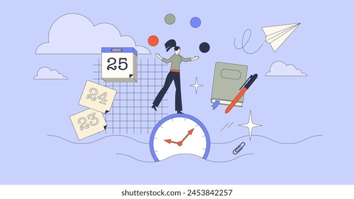 Essence of time management and work productivity tiny person neubrutalism concept. Effective and productive task organization with deadlines and focus to business goals vector illustration.