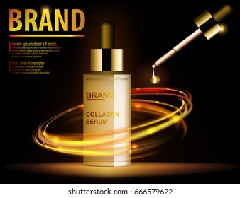 Essence translucent contained, ads, gold makeup glass bottle template. Design cosmetics product for advertising with fire rings on dark background. 3d Vector illustration for cream, essence, lotion.