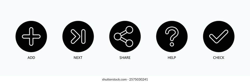 Essential Actions Icon Set Isolated Vector With Icon Of Add, Next, Share, Help, Check In Glyph Style