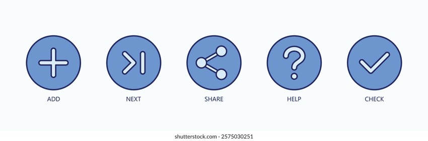 Essential Actions Icon Set Isolated Vector With Icon Of Add, Next, Share, Help, Check In Blue Style