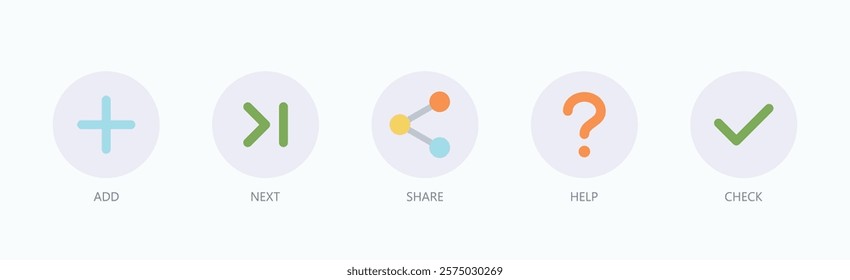 Essential Actions Icon Set Isolated Vector With Icon Of Add, Next, Share, Help, Check In Flat Style