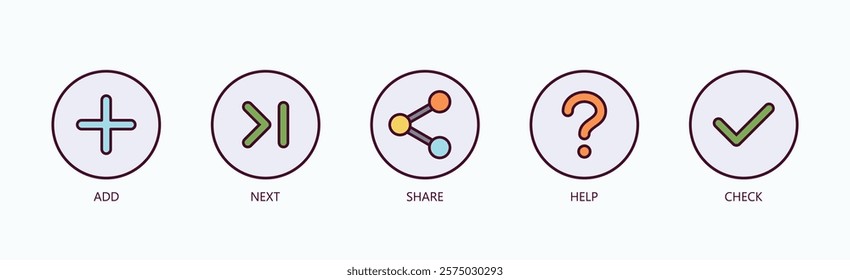 Essential Actions Icon Set Isolated Vector With Icon Of Add, Next, Share, Help, Check In Outline Color Style