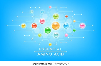 Essential amino acid for the body. Capsules vitamins minerals complex on blue background. 3D Vector EPS10. Dietary supplement for pharmacy clinic ad banner design. Science medic concept.