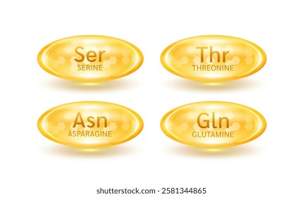 Essential amino acid Threonine Serine Glutamine Asparagine. Glossy capsules golden orange isolated on white background. Pill healthy food supplement. Medical scientific concept. 3D Vector EPS10.