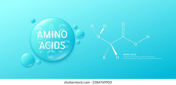 Essential amino acids complex on blue background with structure of a typical in the neutral form. Minerals vitamins nutrients supplement for the body and muscles. Banner vector.