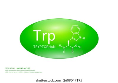 Essential amino acids tryptophan green ellipse form with chemical structure on white background. For design supplement for the body and muscles. Medical Science. Vector EPS10.