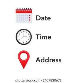 Juego de iconos de cita esenciales que incluye calendario, reloj y clavija de ubicación para la indicación de fecha, hora y dirección.