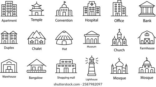 Essential Architecture and Building Icons, Real Estate, Landmarks and Urban Structures.