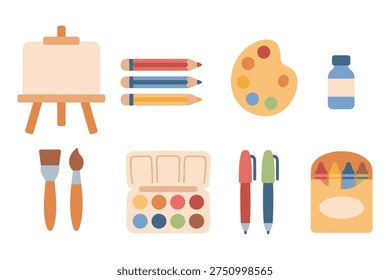 Essential Art and Stationery Kit, Cute Flat Vector Watercolor Palette Pens and Easel Clipart