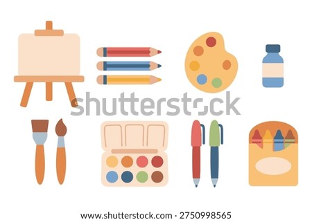 Essential Art and Stationery Kit, Cute Flat Vector Watercolor Palette Pens and Easel Clipart