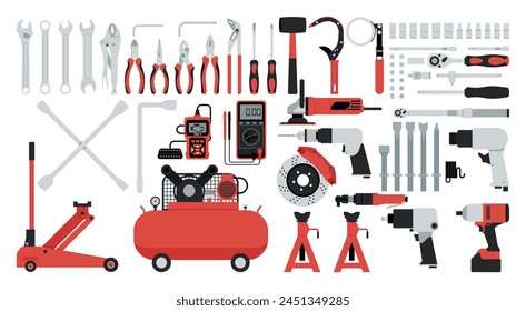 Essential Automotive Repair Tools for Professional Technician, Garage Service, Quality Craftsmanship for Your Car Fixes, Flat Vector Illustration Design