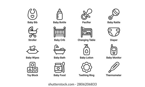 Essential baby care icon set features stroller, bib, bottle, and other newborn necessities. Line art illustrations for parenting and childhood concepts. Simple pictogram vector for nursery and infant products.
