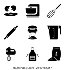 Essential Baking Kitchen Utensils and Ingredients Silhouette Icons Set. Vector illustration