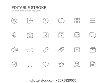 essential, basic icon set for web and app. editable stroke vector illustration