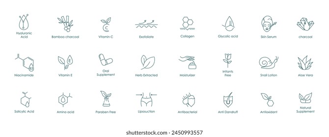 Essential Beauty: A Vector Icon Collection Featuring Hyaluronic Acid, Glycolic Acid, AHA, Charcoal, Exfoliate, Collagen, Skin Serum, Vitamins, Irritants Free, Aloe Vera, Lotion, Antioxidant