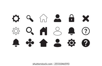 Essential Black Filled Icons für Web Design, Mobile - Home, Einstellungen, Sperren, Teilen und mehr