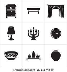 Iconos esenciales de la silueta de la decoración del hogar en blanco y negro con iluminación de muebles y objetos decorativos para el diseño de interiores