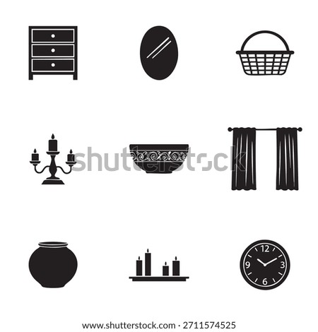 Essential black and white home decor silhouette icons featuring furniture lighting and decorative objects for interior design