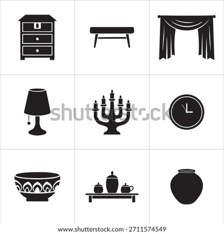 Essential black and white home decor silhouette icons featuring furniture lighting and decorative objects for interior design