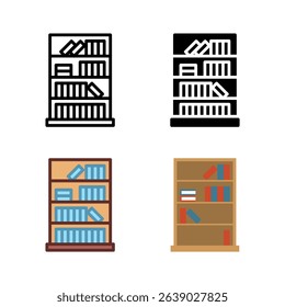 Essential bookcase and bookshelf icons, perfect for representing storage, libraries, home offices, and living room organization.