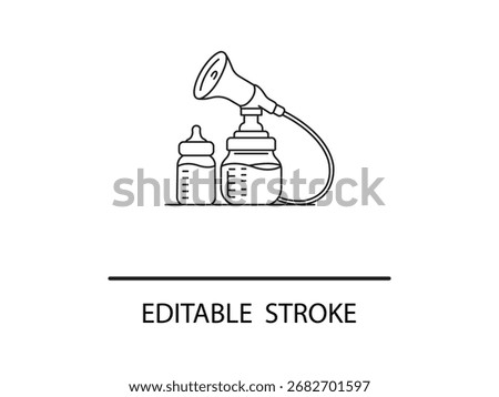 Essential breast pump and bottle outline icon for new moms needing feeding assistance and support during early motherhood journey.