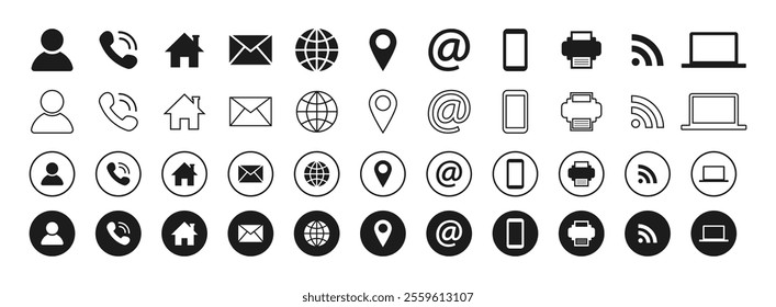 Essential Business Contact Message User Interface Icons Set. Flat Web Outline Circular Style Icon Collection