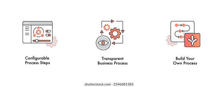 Essential Business Process Icons. This icon set represents key concepts of configurable process steps, transparent business processes, and the ability to build custom workflows.