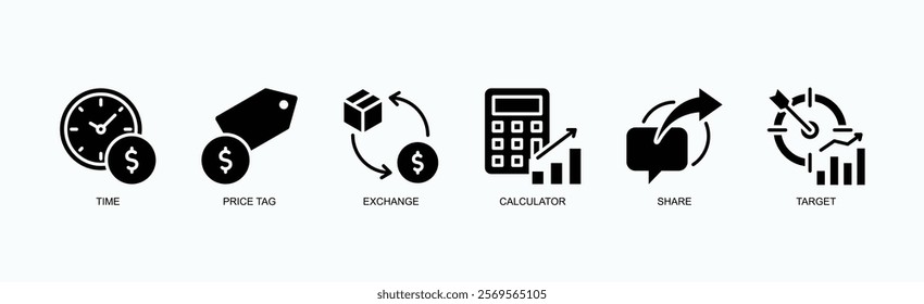 Essential Business Tools Icon Set Isolated Vector Illustration Concept With Icon Of Time, Price Tag, Exchange, Calculator, Share, Target In Glyph Style