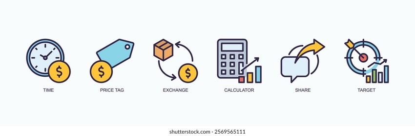 Essential Business Tools Icon Set Isolated Vector Illustration Concept With Icon Of Time, Price Tag, Exchange, Calculator, Share, Target In Outline Color Style