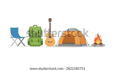 Essential camping and hiking equipment including a folding chair, green backpack, acoustic guitar, tent, and campfire.