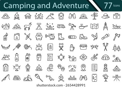 Essential Camping and Outdoor Adventure Icons for Nature Exploration and Survival Gear.