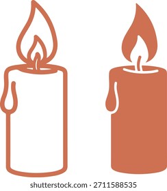 Iconos de velas esenciales ofrecidos en estilos contorno y sólido perfectos para agregar serenidad o solemnidad a cualquier proyecto. Utilice este elemento versátil para necesidades de diseño espiritual, conmemorativo o atmosférico.