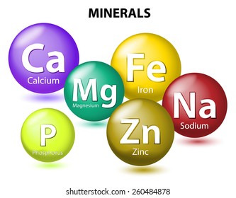 Essential chemical minerals or Dietary element. mineral nutrients. minerals and trace minerals are inorganic elements. Human body needs them to grow and stay healthy. Vector Illustration