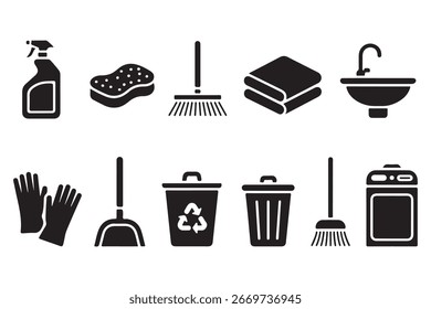 Suministros y herramientas esenciales de limpieza Conjunto de iconos en blanco y negro que representa el mantenimiento y la higiene para un entorno doméstico limpio