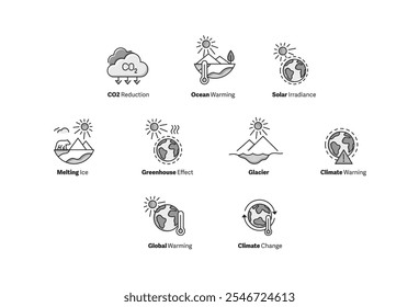 Essential Climate and Environmental Impact Icons. This set highlights key issues such as global warming, greenhouse effects, melting ice, and climate change through visually impactful graphics.