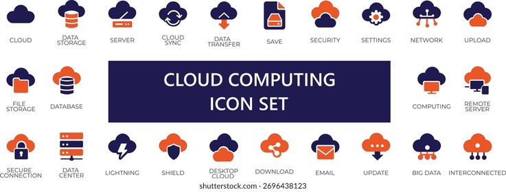 Conjunto essencial de ícones vetoriais de computação em nuvem, incluindo transferência de dados, armazenamento, servidor e símbolos de segurança para necessidades de design modernas. Perfeito para interface de usuário, aplicativos e apresentação de produto digital