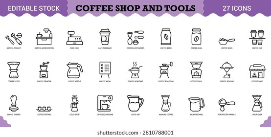 Essential coffee shop tool vector icons including espresso machine grinder kettle and various barista brewing gear.