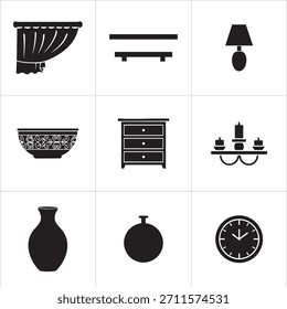 Colección esencial de los iconos elegantes de la decoración casera que ofrecen la iluminación de los muebles del drapery y los acentos decorativos para el diseño interior