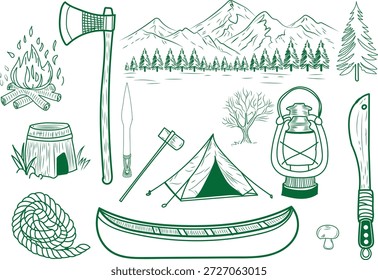 Essential collection of hand drawn camping and wilderness survival gear illustrations perfect for outdoor adventure themes