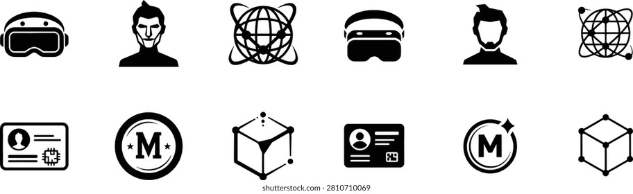 Essential collection of metaverse digital identity avatar connectivity and blockchain symbols featuring vr headsets human profiles network globes electronic id cards and monetary coinage for virtual reality gaming and web3 financial systems.