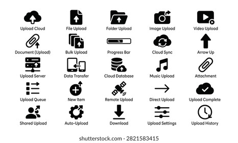 Essential collection of network storage symbols and computing interface graphics. Data management icons for digital file sharing internet connection hosting services. Modern web elements for information technology cloud infrastructure and backup recovery operations.