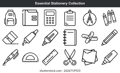 Essential collection of school and office supplies outlined in modern black and white style