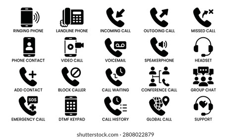 Essential collection of telecommunication icons covering various call types contact actions conferencing support features and telephony status indicators high quality linear design ideal for mobile apps interface development communication platforms and professional business connectivity.