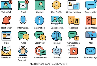 Comunicação essencial e ícones de bate-papo, conjunto de vetor para sites, aplicativos e design de interface do usuário