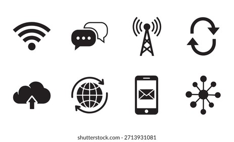 Wesentliche Kommunikationssymbole mit drahtloser Netzwerk-Nachrichtenantenne Mail Globus-Verbindung Mobiltelefonwolke. Ideal zur Illustration von Geschäfts- oder Technologiekonzepten.
