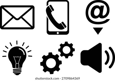 Essential communication, idea, and setting icons set for digital use isolated on white background, Vector