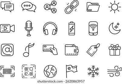 Essential Communication, Media and Utility Icons for Modern Interfaces.
