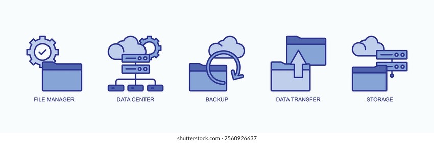 Essential Components Of Data Management And Storage Solutions Icon Set Vector Illustration Concept With Icon Of File Manager, Data Center, Backup, Data Transfer, Storage In Blue Style