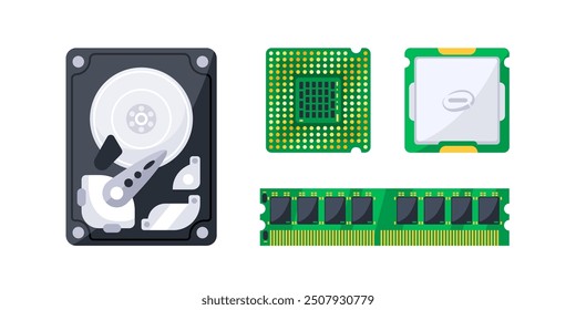 Essential computer hardware components laying on a white background including cpu, gpu, ram and hard drive