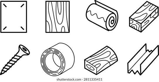 Essential Construction Materials and Hardware Line Icons Including Wood Beams, Screws, Tape, Metal Brackets, Plywood Sheets, and Building Components for Engineering Projects